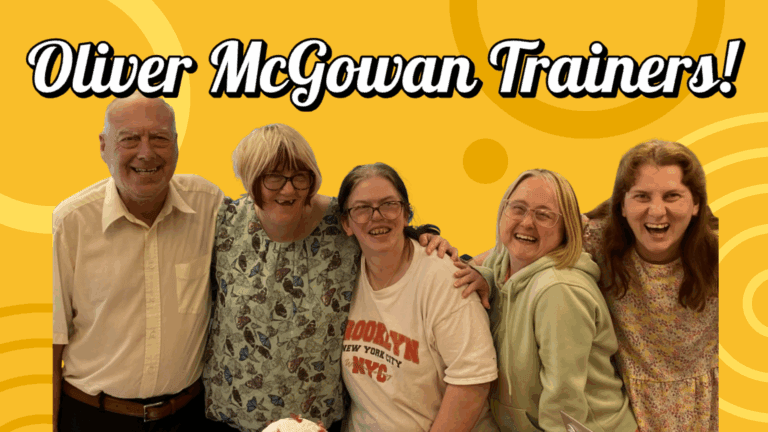 a photography of one man and four women laughing